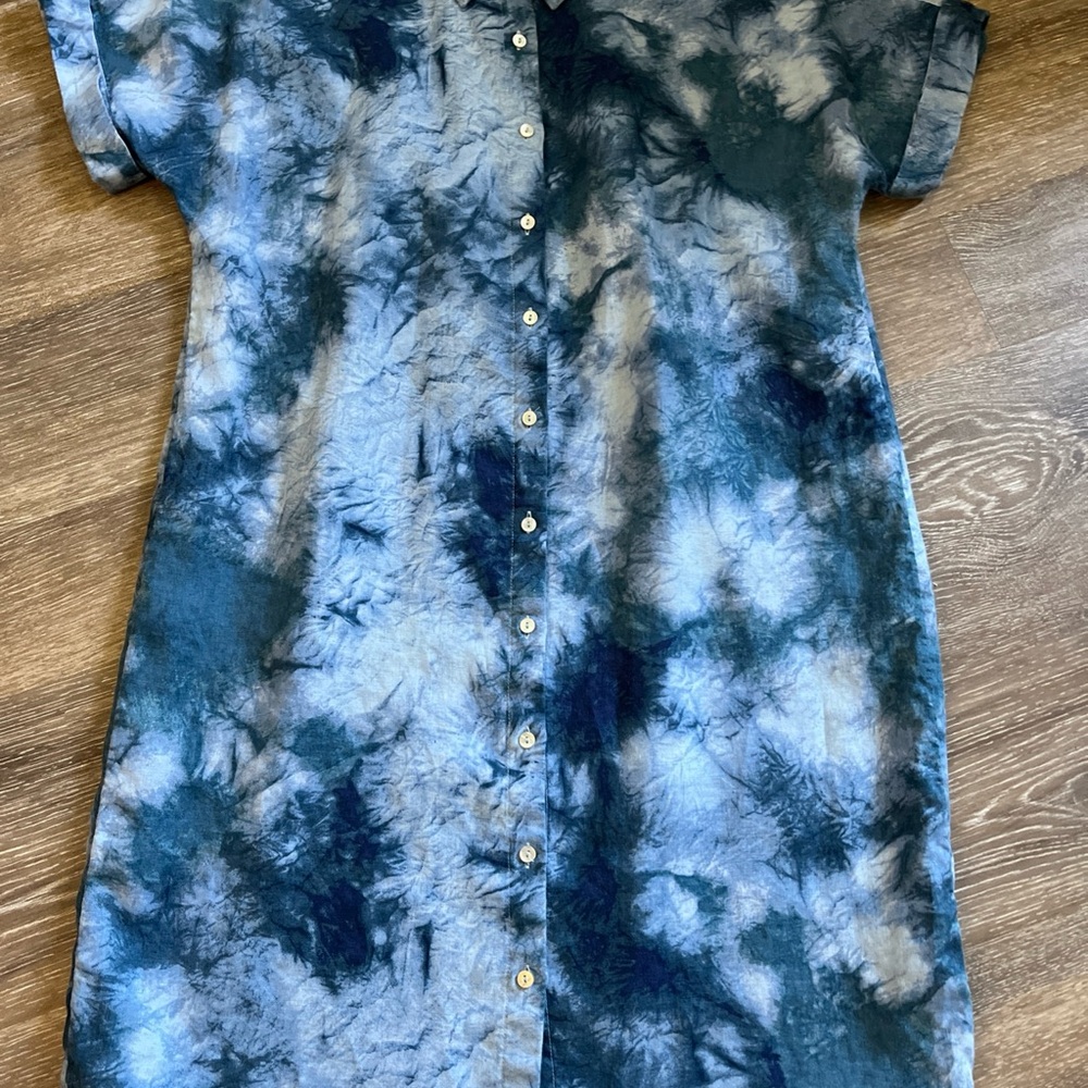 Cynthia Rowley Blue Tie-Dye 100% Linen Shirt Dress size Medium